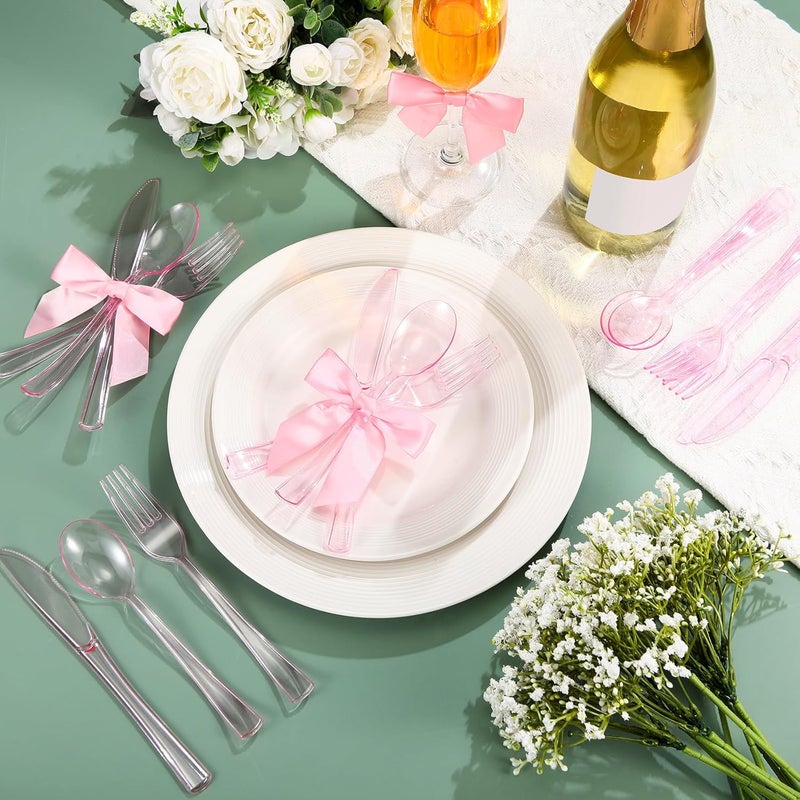 Minatee 25 Sets Pink Plastic Cutlery Set with Twist Tie Bows, Heavy Duty Tableware Disposable Pink Forks Knives and Spoons Silverware Utensils Set for Coquette Birthday Party Table Setting Picnics - Image 2